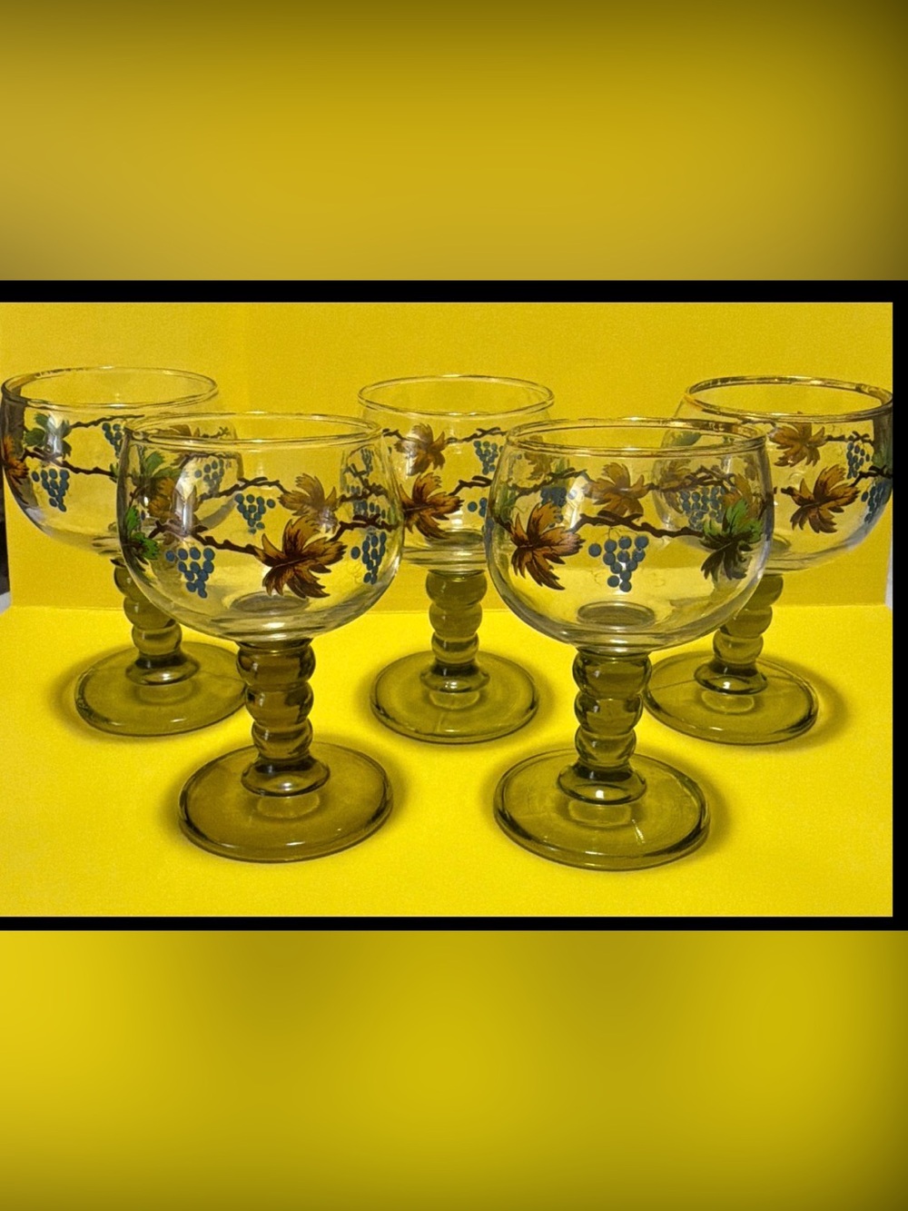 Vintage Smoke Gray Grape Grapevine Decorated Wine Goblets Set of 5 5oz 5in